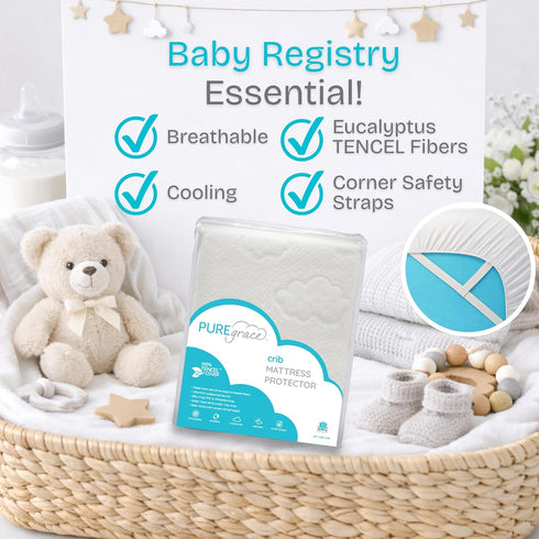 PUREgrace Crib Mattress Protector Eucalyptus Tencel Fiber Waterproof Breathable Baby Mattress Pad Cover with Corner