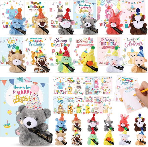 48 Pcs Birthday Mini Animal Plush Toy with Birthday Hats, Stuffed Animal Bulk for Kids, Classroom Reward Gifts