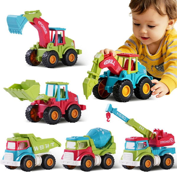Cogwak 6 Pack Friction Construction Vehicles Toys for Boys, Push and Go Engineering