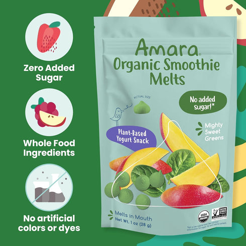 6 Amara Smoothie Melts - Mighty Sweet Greens - Baby Snacks Made With Fruits and Vegetables - Healthy Toddler Snacks