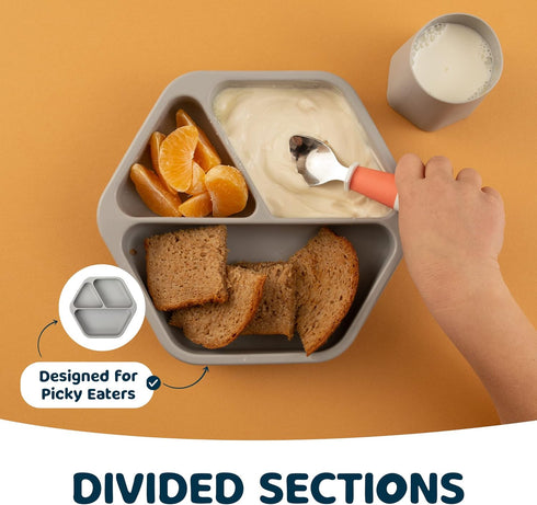 Tiny Twinkle Silicone Suction Baby Plate, Divided Dish for First Foods, Grey Plate for Self-Feeding Toddlers