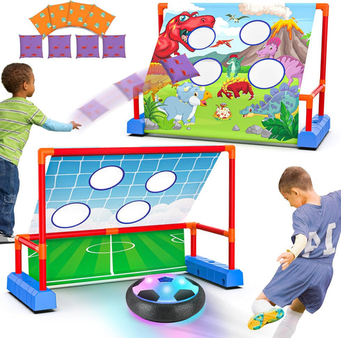 2-in-1 Moving Kick Toss Games for Kids - Light Up Hover Soccer Ball with Animal Bean Bag Toss, Indoor Outdoor Birthday