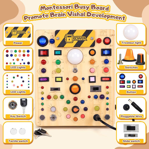 1 2 3 1+ (19 Busy Board with LED Light Switches, Montessori Toys for Years Old, Toddlers Wooden Toy Sensory Activity