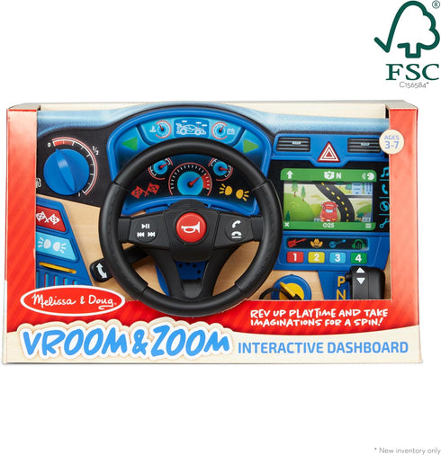 Melissa & Doug Vroom & Zoom Interactive Wooden Dashboard Steering Wheel Pretend Play Driving Toy