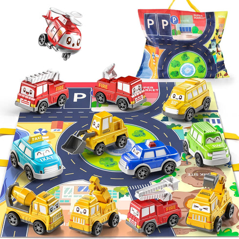 TEMI Toddler Pull Back Car Toys, 12 Pieces Baby Toy Cars with Play Mat/Storage Bag, Gifts for 1-3 Year Olds