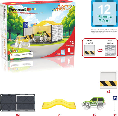 Pack 2 Set 3+ PTR07 PicassoTiles Magnetic Tiles Race Car Track Kit Parking Garage Expansion with Cars Magnet Tile