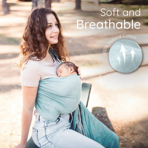 100% Ring Sling Baby Carrier - USA Lab Tested, Natural Cotton Muslin, Breathable & Ergonomic Ring Sling Grey Turquoise
