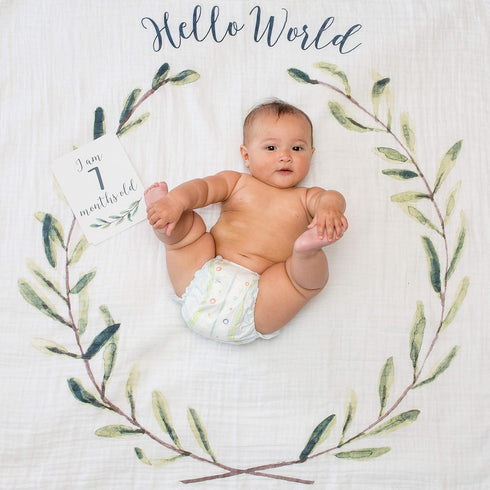 lulujo Baby’s First Year Milestone Blanket and Card Set | 40in x 40in (Hello World)