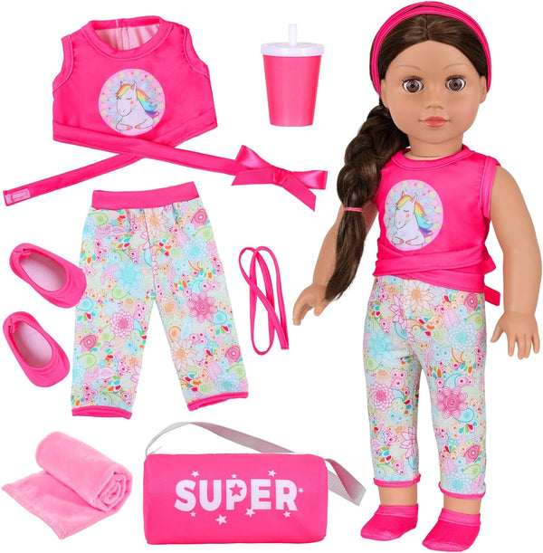 American 18 inch Doll 7-Piece Gymnastics Doll Yoga Outfit Set , Pink