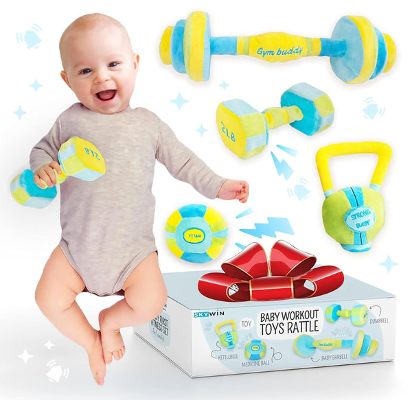 Skywin Baby Workout Toys Fit Training - 4 Soft, Durable Plush Baby Rattle Toys for Ages 0+