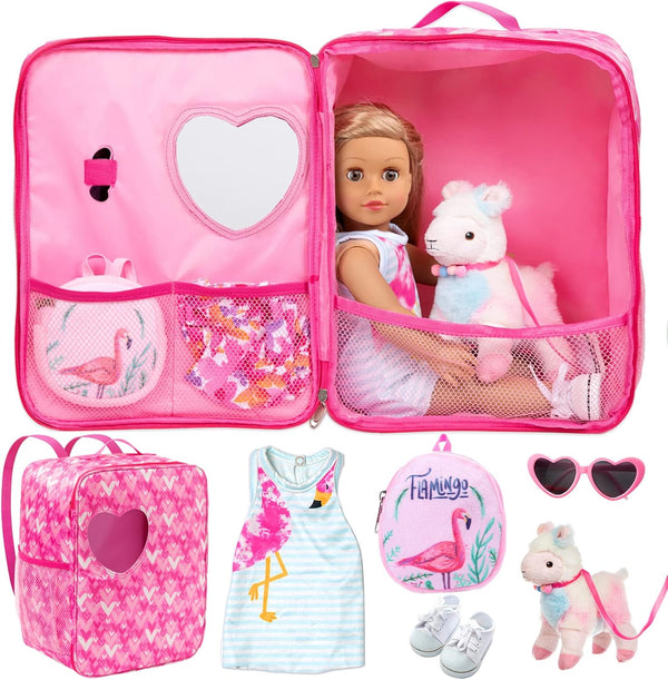 Ecore Fun 18 Inch Girl Doll Carrier Bag with Doll Clothes, Accessories, Dress, Backpack, Shoes, Sunglasses, Toy Lamb