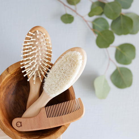 Set Wooden Hair Brush - Premium Baby Comb and Brush - Soft Natural Bristles - Organic Products - Perfect Registry Gift