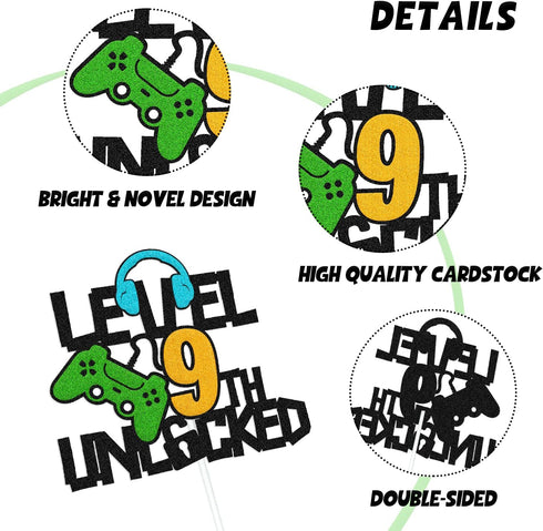 Happy 9th Birthday Cake Topper, Level 9 Unlocked for Boys, Video Game Controller Theme Party Supplies