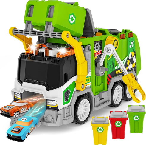Large Friction Powered Garbage Truck Toy Set with Effect Sound, 2pcs Ejecting