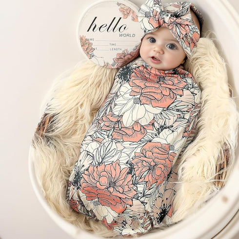 Galabloomer Newborn Receiving Blanket Headband Set Baby Flower Swaddle (cocal almond) by Galabloomer