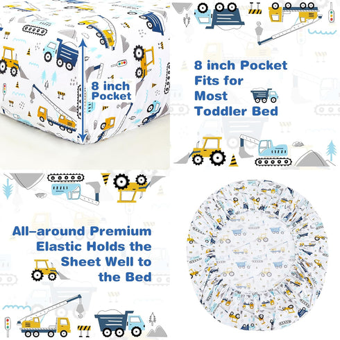 lasoftan Set, 4-Piece Set Cars Toddler Bedding Bed-in-a-Bag Comforter for Boys, Construction Truck Bedding, Machine