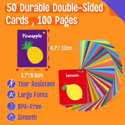 50 (2 Food Flashcards, Double-Sided Cards, Veggies, Fruits, Snacks, Desserts, Grain Cards Educational Learning Tools