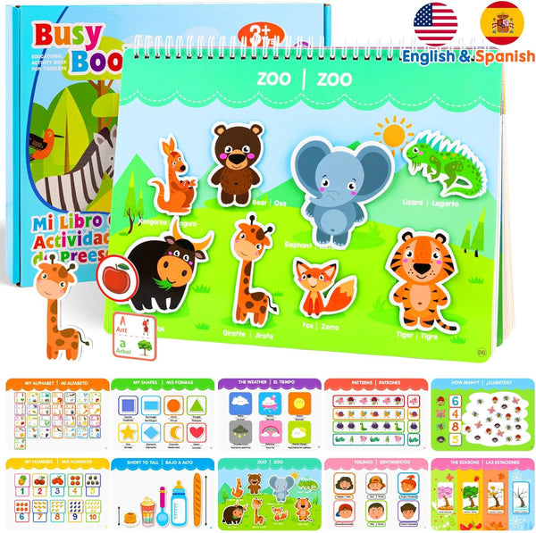 Spanish & English Bilingual Montessori Books for Toddlers 3-4-5, Pre-Assembled Reusable Sticker