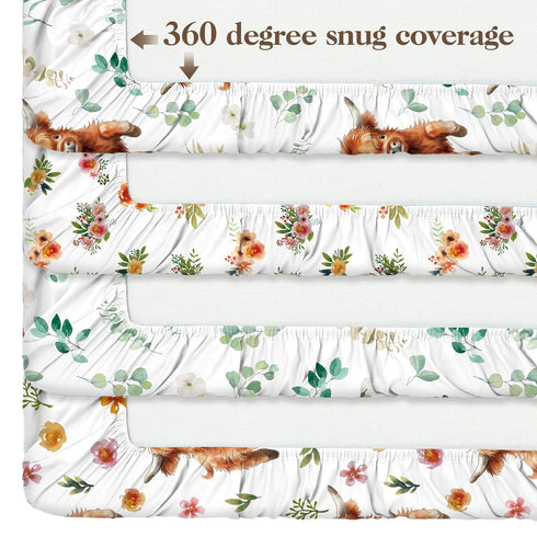 Croknit 4 Pack 52" 28" x Changing Pad Cover for Boys Girls Highland Cow Eucalyptus Leaf Floral Pattern Neutral Nursery