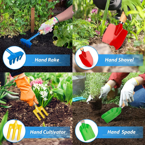 Anzmtosn Kids Metal Garden Tool Set, 4 Pack Sand Toy with Rake, Spade, Hoe, and Leaf Rake for Outdoor Gardening