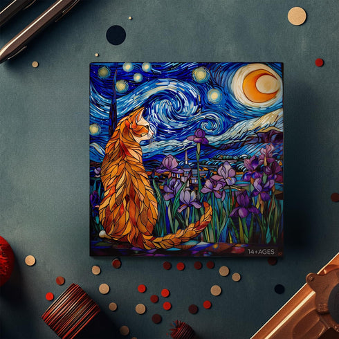 PICKFORU Cat Puzzles for Adults 1000 Pieces, Stained Glass Purple Iris Flowers and Moonlit Cat