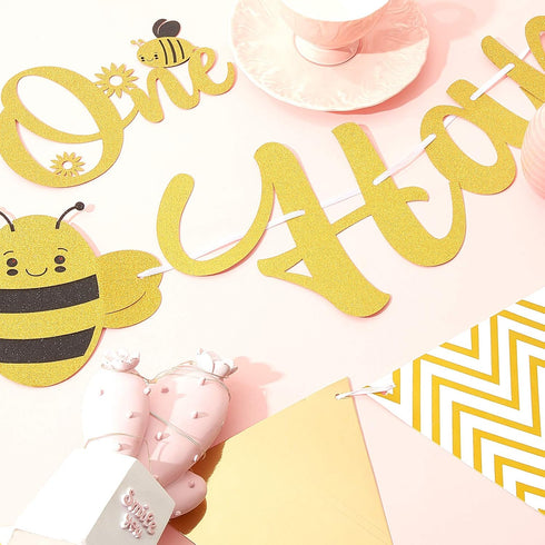 Tatuo Happy 1st Bee Day Party Decorations, Gold Glitter Banner and Cake Topper for First Birthday Supplies