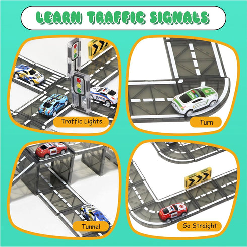 Set Pullback 4-8, Magnetic Tiles Road with Car, Magnetic Blocks for Kids Ages Magnet Tiles for Preschool STEM Building