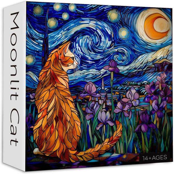 PICKFORU Cat Puzzles for Adults 1000 Pieces, Stained Glass Purple Iris Flowers and Moonlit Cat