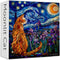 PICKFORU Cat Puzzles for Adults 1000 Pieces, Stained Glass Purple Iris Flowers and Moonlit Cat