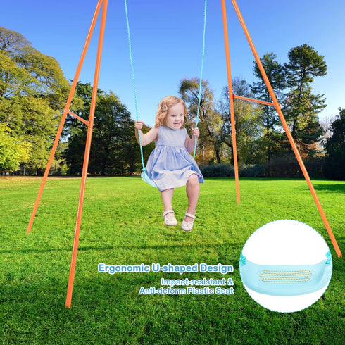 Set, 4 Sets HONEY JOY Metal Swing Frame Heavy Duty A-Frame Toddler Swing Stand with Belt Swing, Ground Stakes, Outdoor