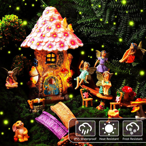 Poen 8'' 6-8 Solar Light up Fairy House Garden Fairy Figures Garden Accessories Kit Animals Doll House Decor Outdoor