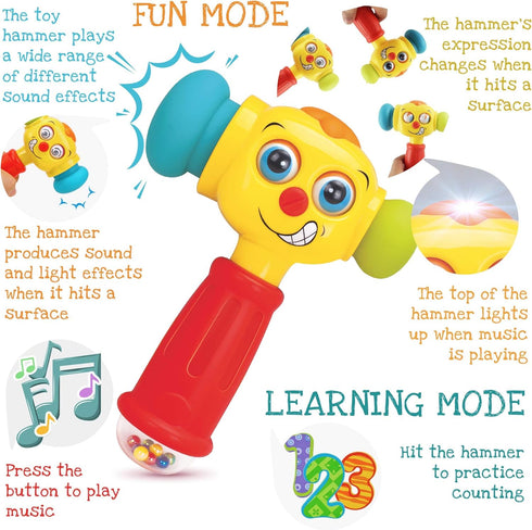 Toy Hammer with Lights, Learning Mode, Music Mode, Plays 6 Kids' Songs, Counts 1-10 for Ages 12 Months+