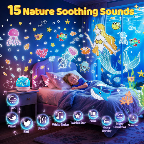15 Films+15 360 PIKOY Star Projector for Kids Gifts, Soothing Sounds Machine Baby Night Light Projector, Remote