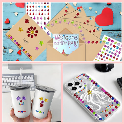 JKSJHEZO 12 1596Pcs 3D Sheets Gem Stickers Colorful Sparkle Craft Supplies, Bright Rhinestone Stickers, Self-Adhesive