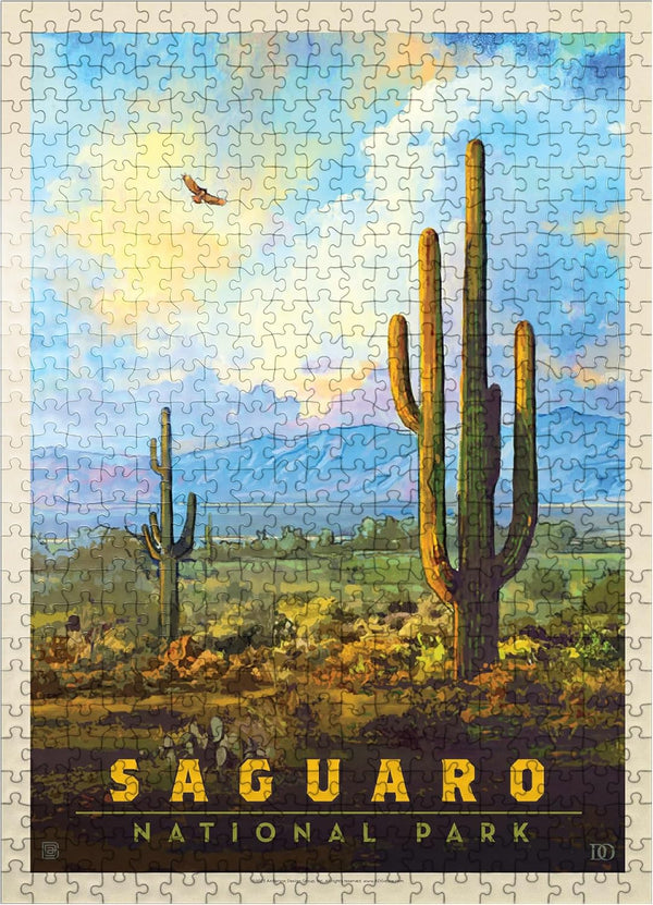 MyPuzzle Saguaro National Park: Desert Daybreak Vintage Poster - Premium 500 Piece Jigsaw Puzzle for Adults