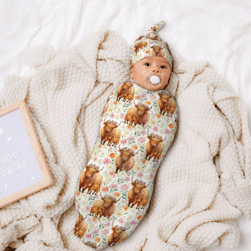 zhedongsj Highland Cow Baby Stuff Swaddle Blanket with Hat, Soft Western Highland Cow Newborn Swaddling Sack Gift