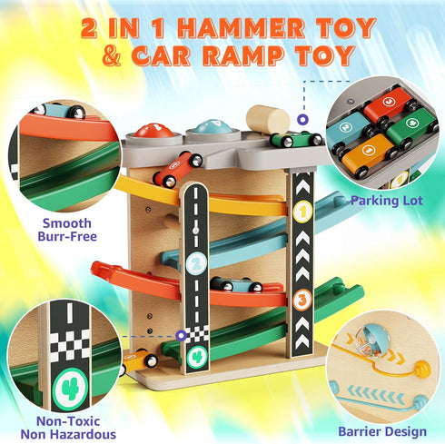 1-3: 2-in-1 Hammer 4 1 2 3 Wooden Car Ramp Toy for Toddlers Pound a Ball Toy with & Cars - Montessori Educational Race