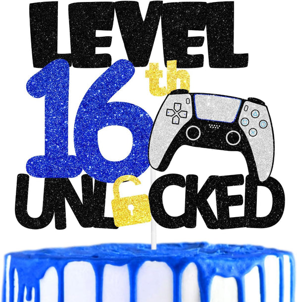 Game Level Up 16th Birthday Cake Topper, Black White Blue Video Game Night Party Decoration