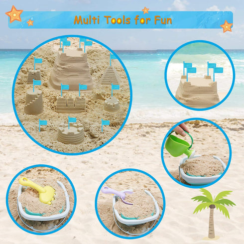 Set RACPNEL Beach Toys Sand for Kids, Collapsible Bucket and Shovels with Mesh Bag, Molds, Flags, Sandbox Kids
