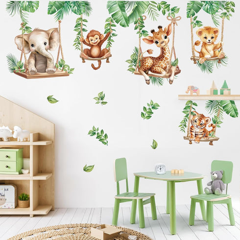 wondever Jungle Animal on Swings Wall Stickers Baby Lion Elephant Giraffe Tropical Leaves Peel and Stick Wall Art