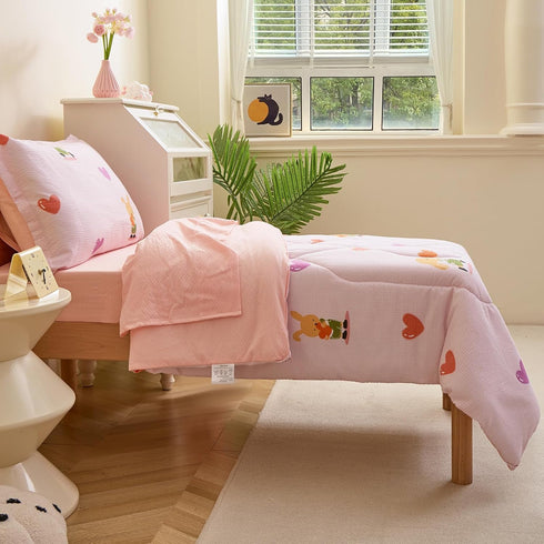 Set 4 Set Caressma Pink Toddler Bedding for Girls, Reversible Seersucker Bedding with Rabbit Pattern, Cute Heart Print
