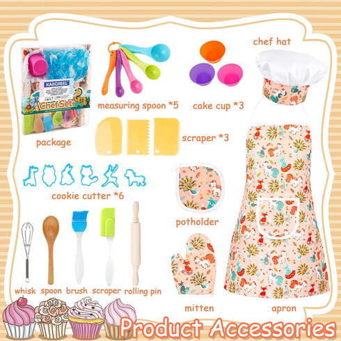 Set 26pcs Set 3 4 5 6 8 KAEGREEL Kids Baking Chef with Unicorn Apron and Mitt, Kitchen Toys Kid Cooking with Chef Hat