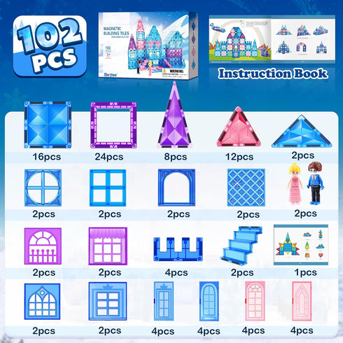 102pcs 2 2 4-5 6-8 3 4 5 6 7 8+ Magnetic Tiles with Stairs Dolls Princess Castle Building Girls Toys Age Magnetic
