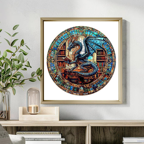 13.4 13.4in 300pcs Wooden Puzzles for Adults - The Dragon's Library Wooden Jigsaw Puzzle, Unique Animal Shaped Wood