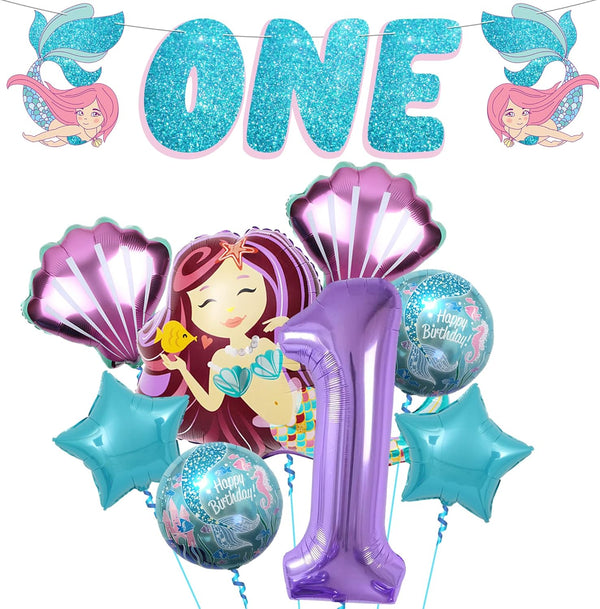 Mermaid First Birthday Decorations for Girl, 40 Inch 1 Balloon, Glitter One Banner for Mermaid Party