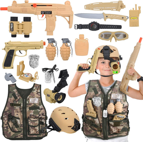 17 PCS Kids Army Costume - Military Soldier Dress Up Role Play Set with Camouflage Vest and Accessories