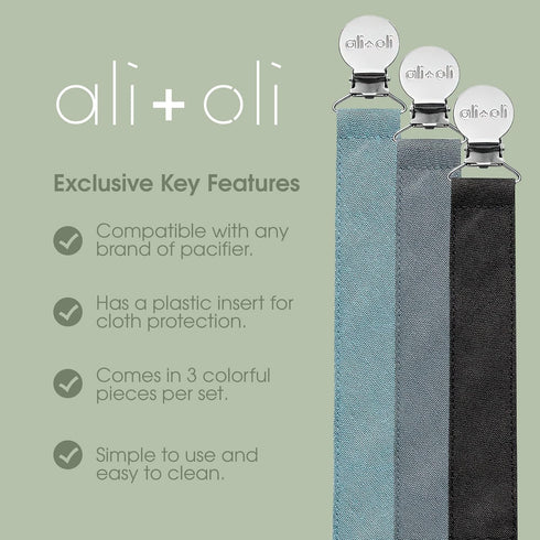 Ali+Oli Linen Strap Pacifier Clip Set of 3 (Forest) for Newborn Pacifiers & Teethers, 10" x 1" Binky Clips