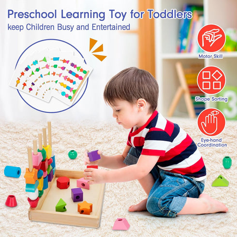 Montessori Wooden Lacing Beads Toys for 2-4 Year Olds, Sequencing & Stacking Block Toy with Storage Box
