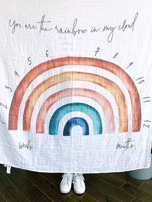 100% Organic Cotton Muslin Monthly Baby Milestone Blanket with Wooden Hello World Newborn Sign, Rainbow Photography