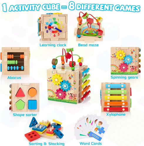 8-in-1 18 Set Bravmate Wooden Activity Cube, Wooden Montessori Learning Toys for M+ Toddlers, One Year Old First